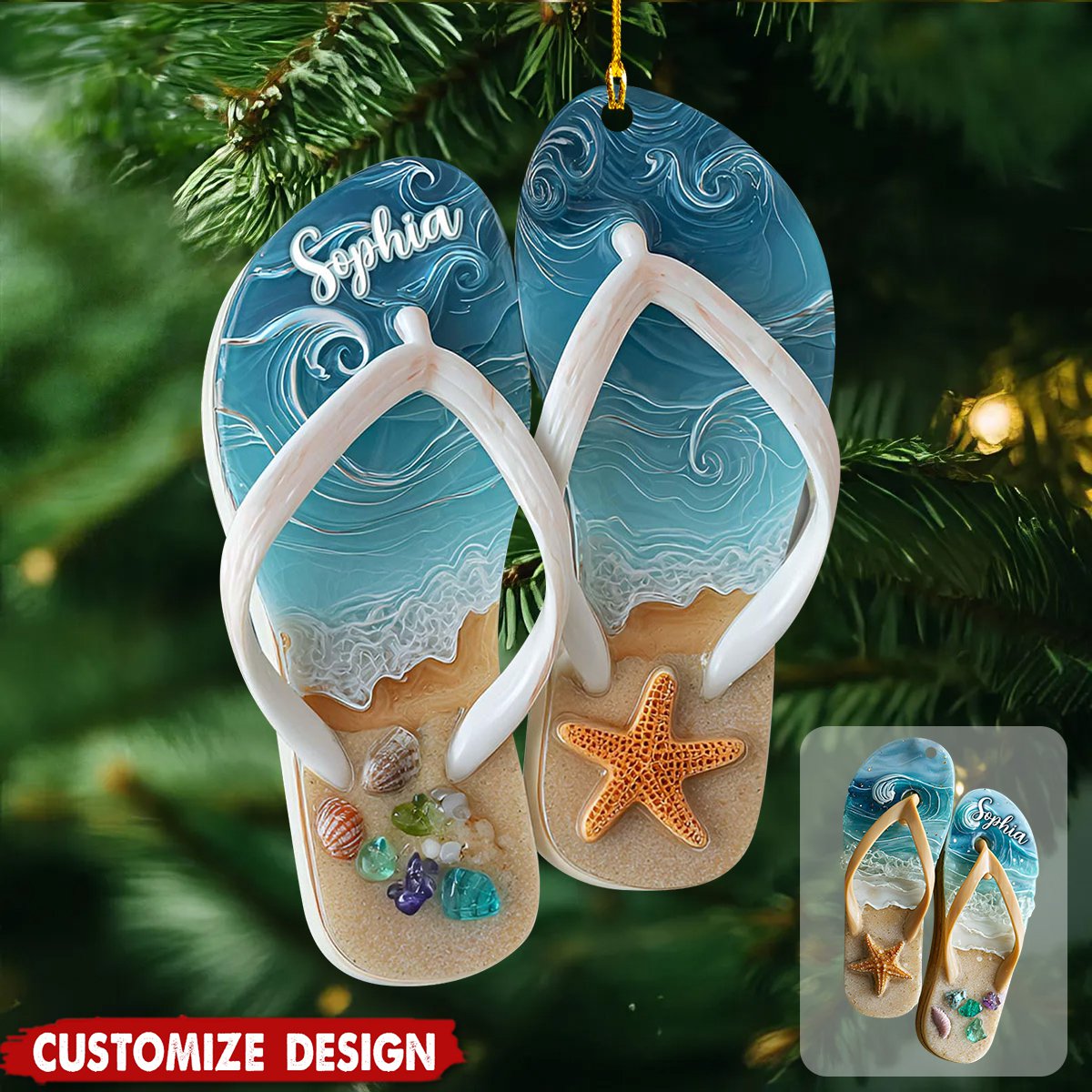 2D FLAT Personalized Flip Flop Christmas Acrylic Ornament, Coastal Ornament, Seaside Vacation Art, Ocean Lover Gifts, Gift for Beach Lover