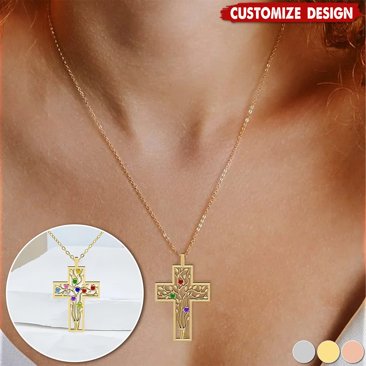 Personalized Cross 2-10 Birthstones Family Tree Necklace