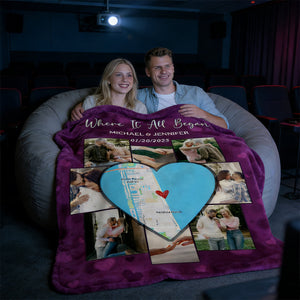 Where It All Began - Personalized Blanket With Location Map - Perfect Valentines Or Anniversary Gift For Couple
