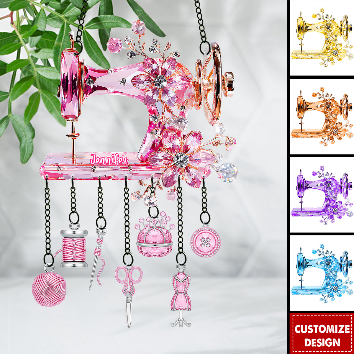 Beautiful Sewing Machine - Personalized Sewing Window Hanging Suncatcher With Charms