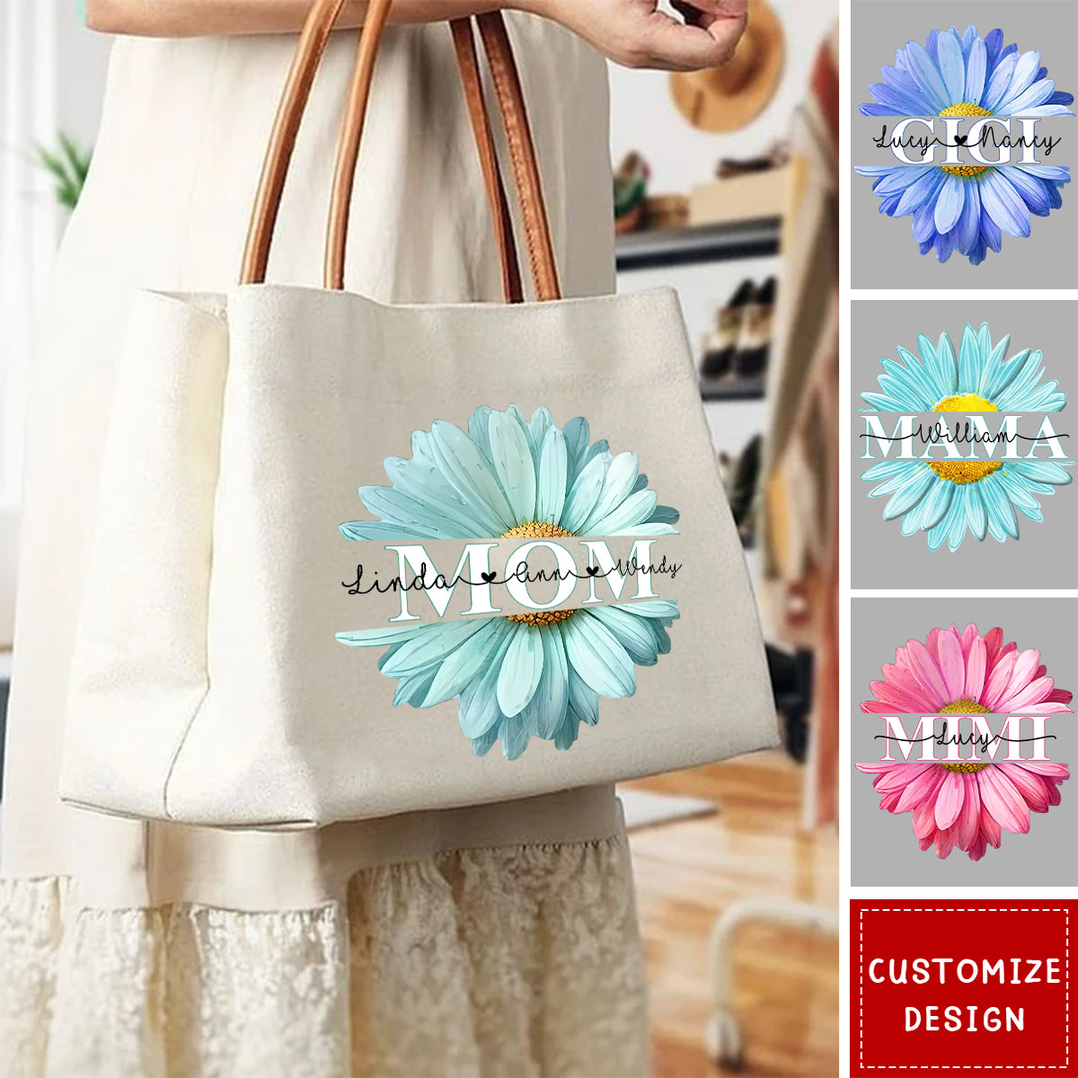 Personalized Daisy Large Capacity Canvas Bag - Mother's Day Birthday for Mom Grandma
