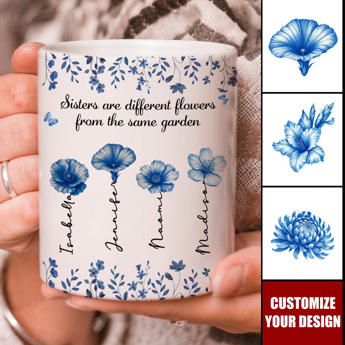 Sisters Are Different Flowers Toile De Jouy Style - Personalized Custom Coffee Mug