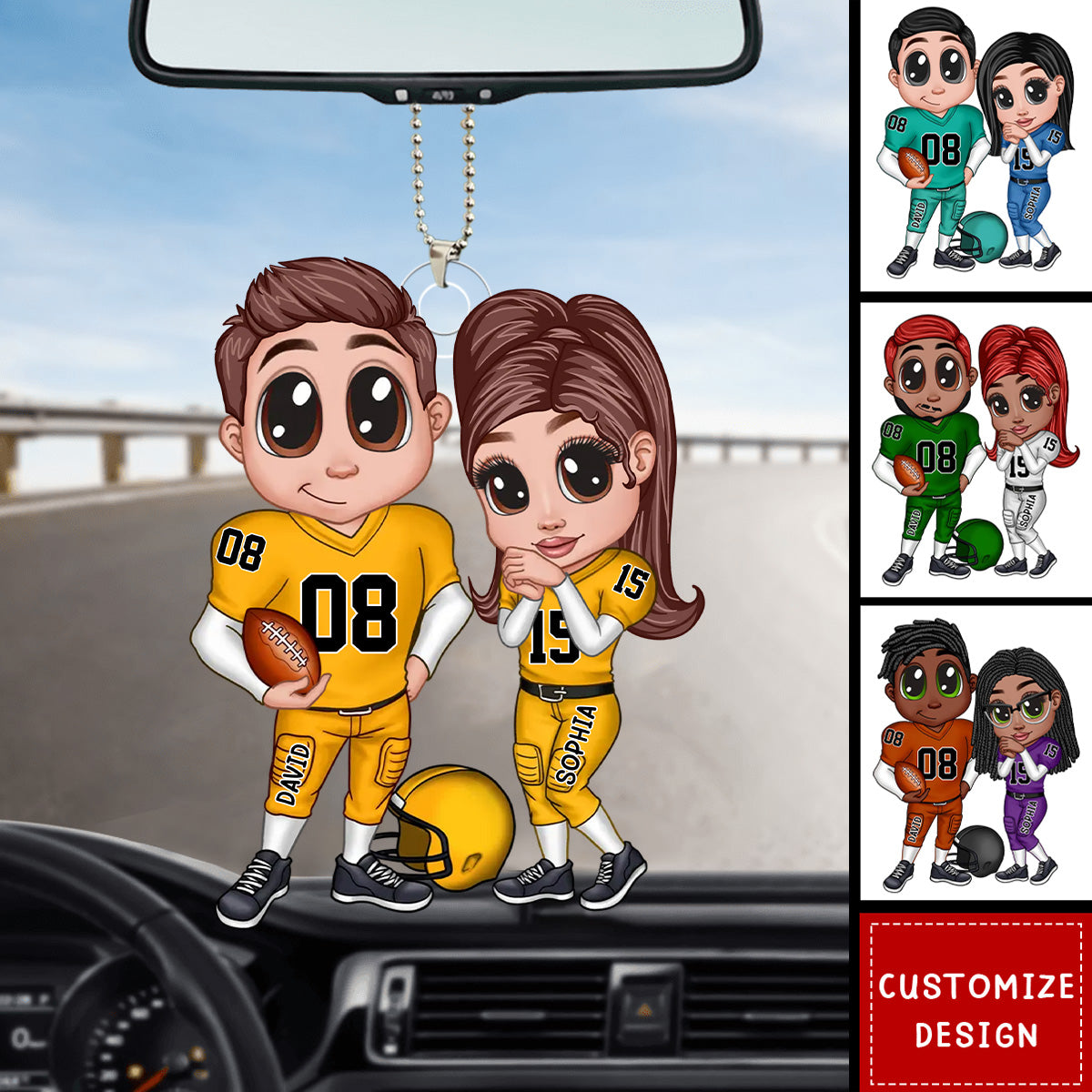 American Football Couple Y2K Style At Field Personalized Acrylic Car Ornament-Gift for Couples