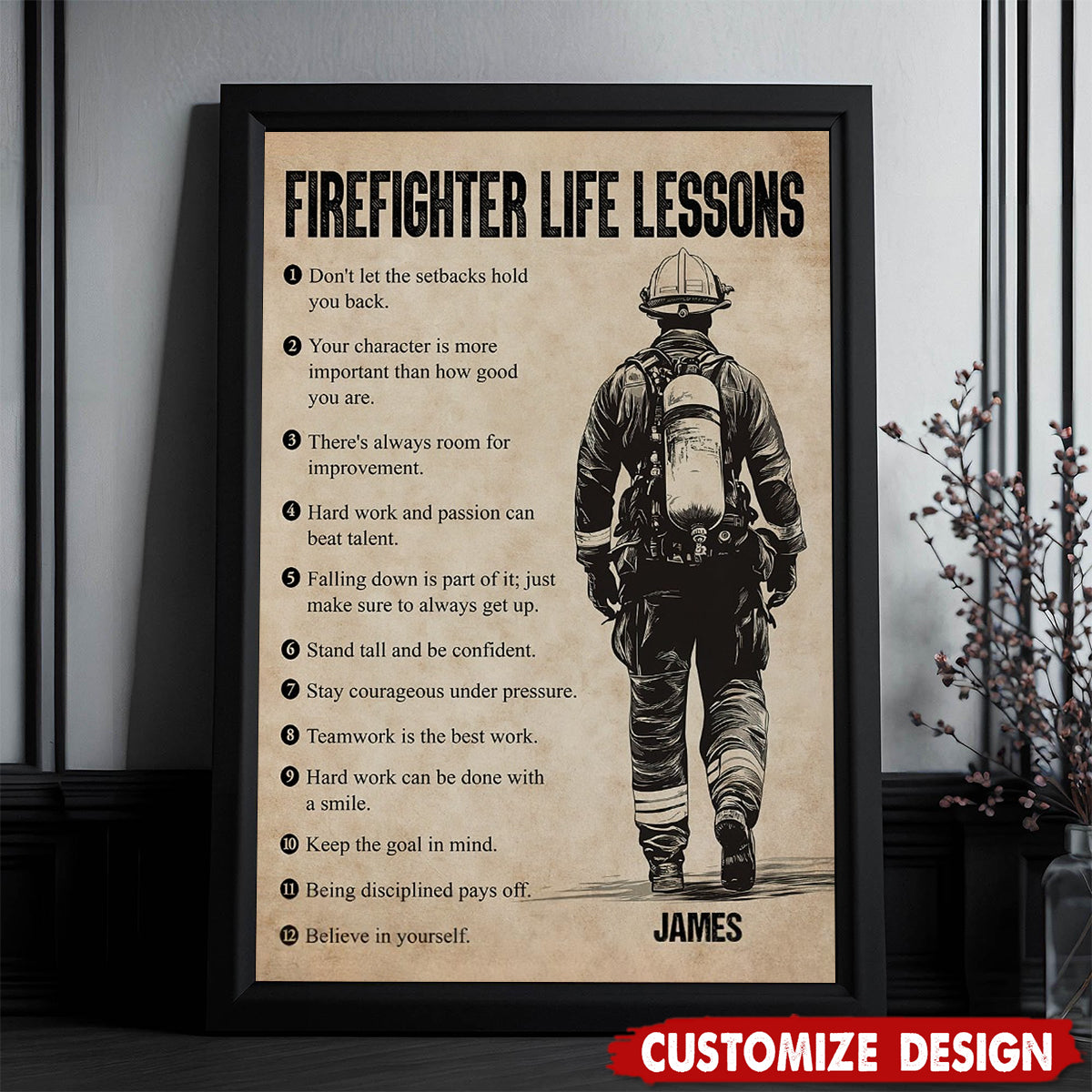 Firefighter Life Lessons-Motivational Personalized Firefighter Boy Poster