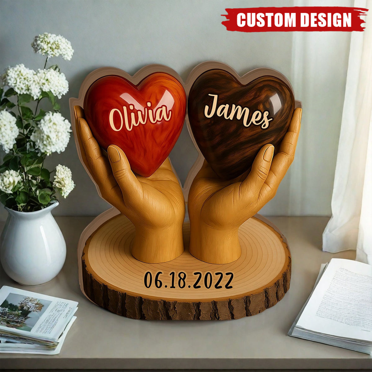 Two Hearts One Love - Personalized Couple Shaped Wood Plaque