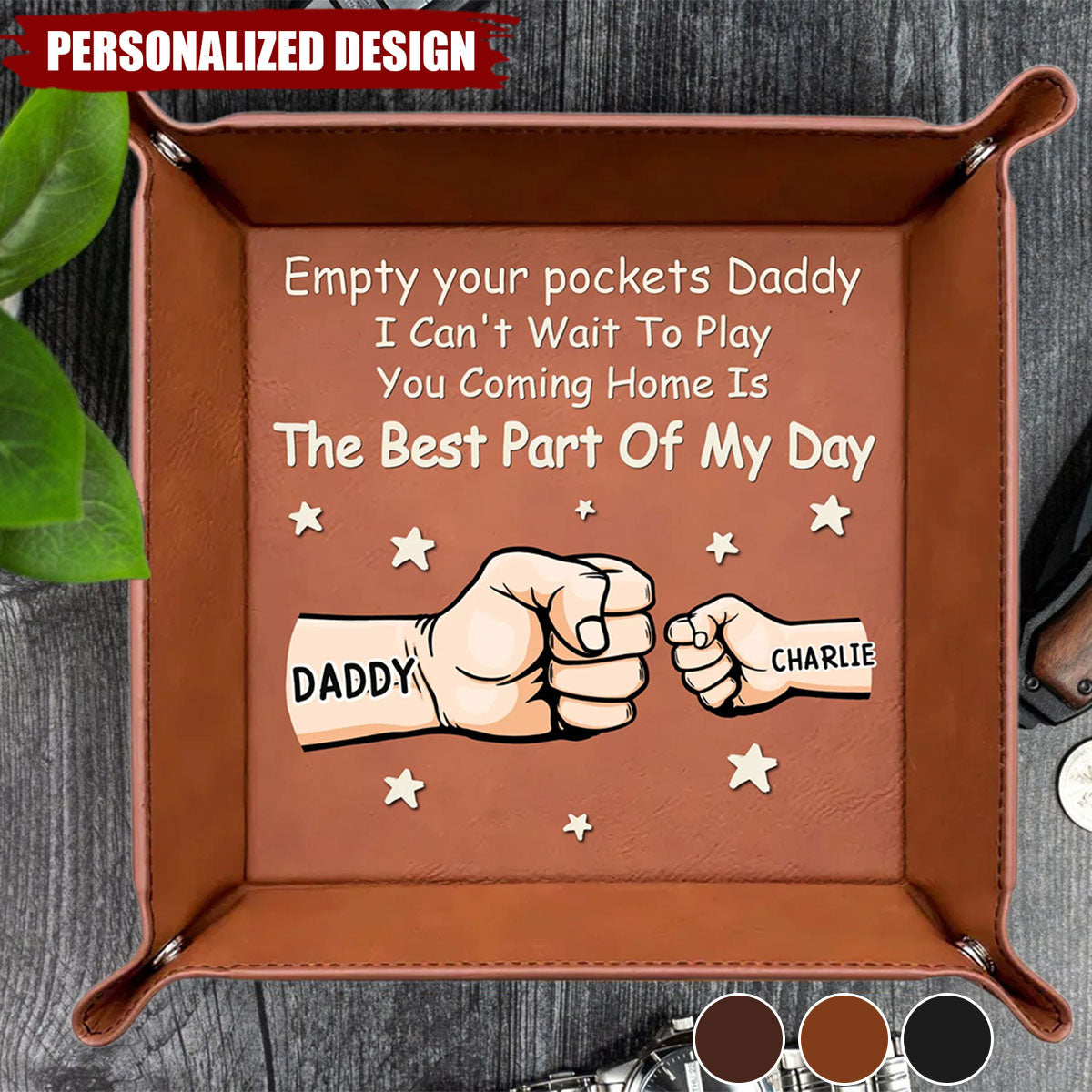 Dad’s Pocket Drop Zone-Personalized Leather Valet Tray-Gift For Dad,Grandpa