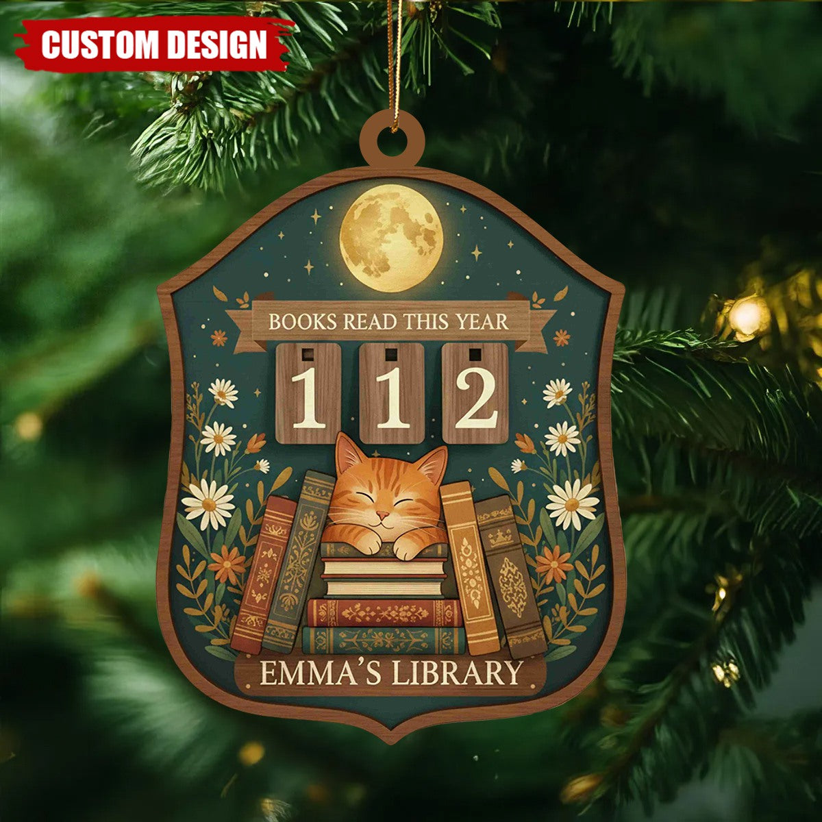 Personalized Cat Reading Christmas Ornament, Gift for Book Lovers and Readers