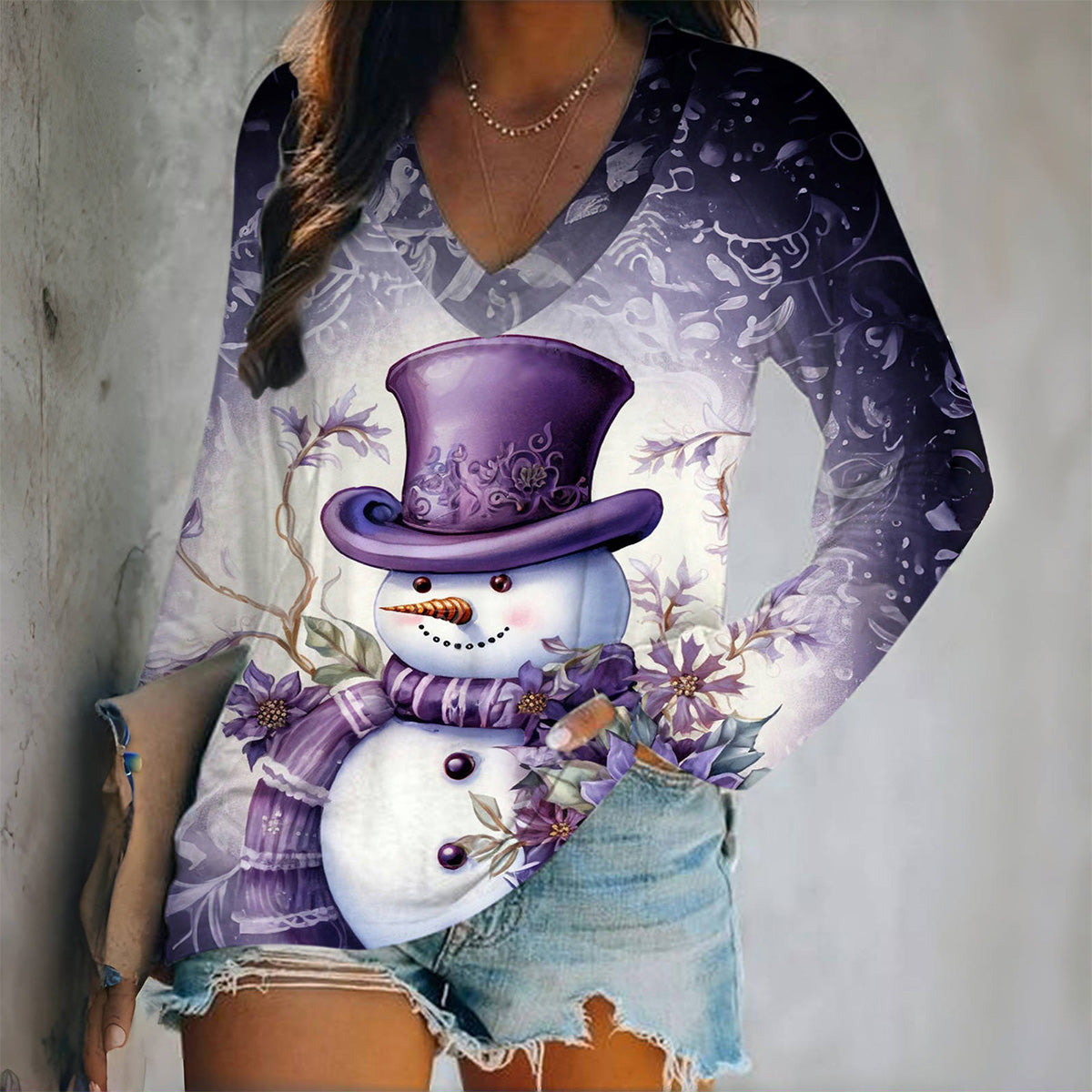 Purple Snowman Crew Neck T-shirt,V-Neck Long Sleeve Top,Long Sleeve Top