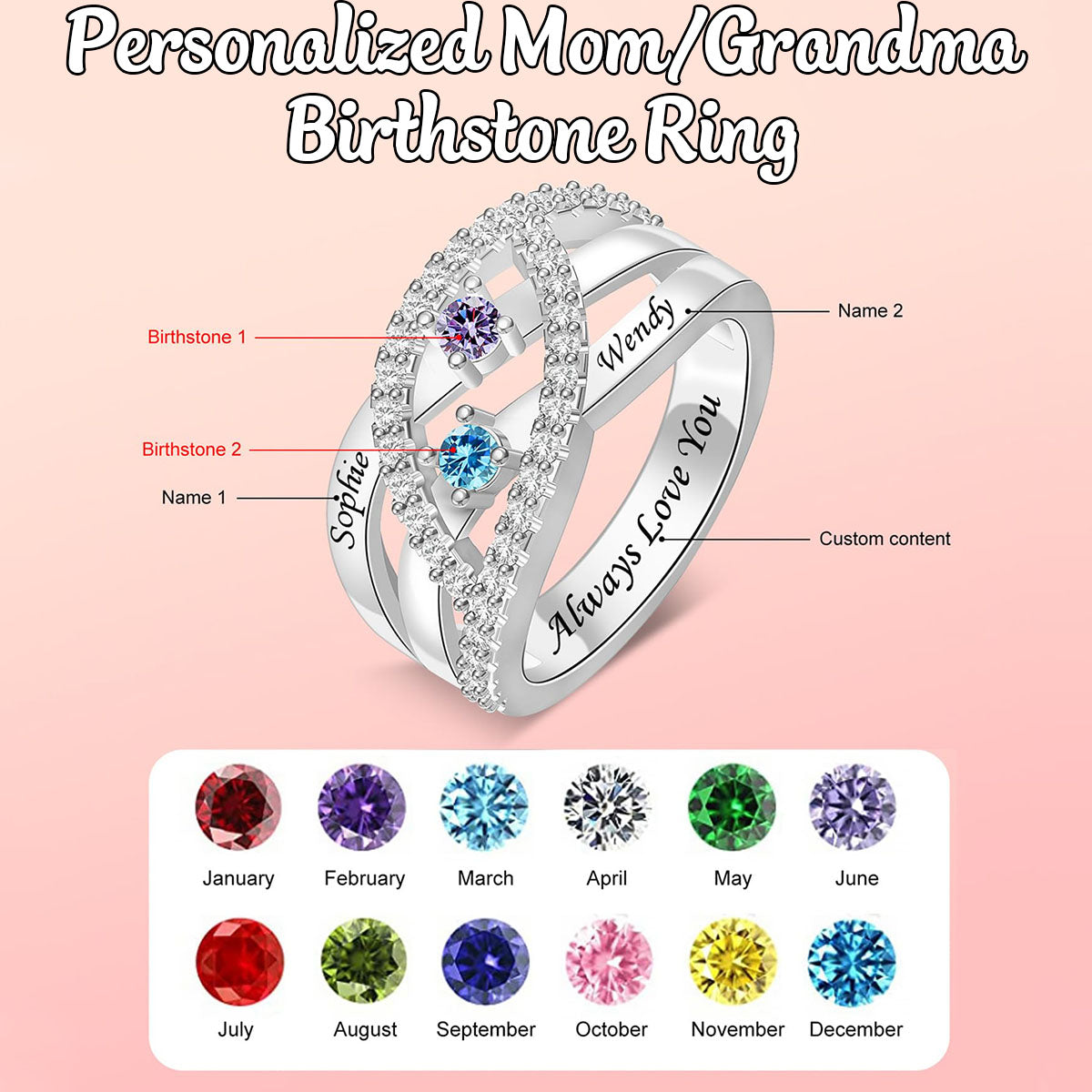 Personalized Name Family Rings With 1-6 Birthstones-Mother's Day Gift