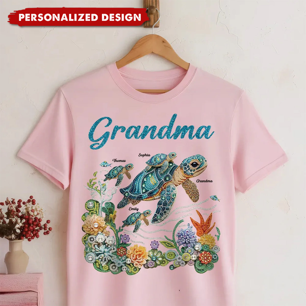 Personalized Mom Grandma Sea Turtle Rhinestones Style Shirt-Mother's Day Gift For Mom Grandma
