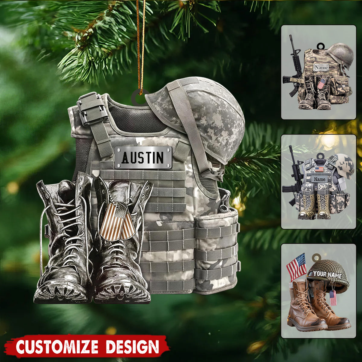 Army Uniform Ornament, Boots & Hat Personalized Ornament, Gift For Dad, Soldier, Veterans, Gift For Dad