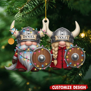 Custom Viking  Christmas Ornament – Personalized Name Nordic Couple Decoration with Helmets & Shields, Cute Holiday Tree Gift