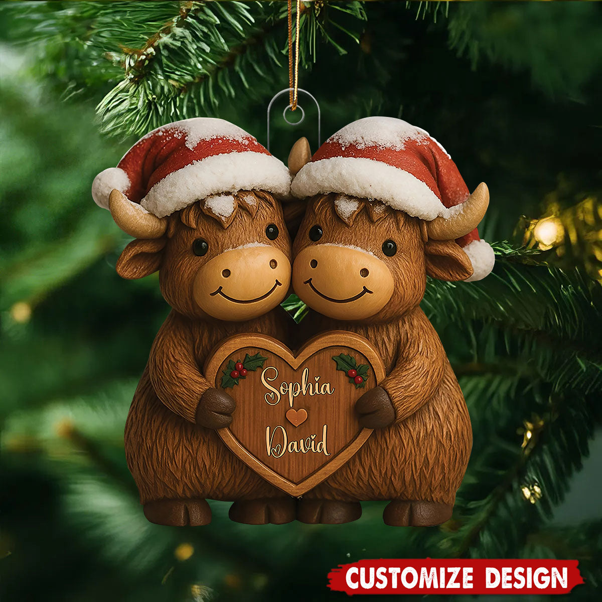 Custom Christmas Highland Cow Couple Ornament, Custom Name Highland Cow Couple Ornament, Growing Old Together Since Year, Christmas Gift