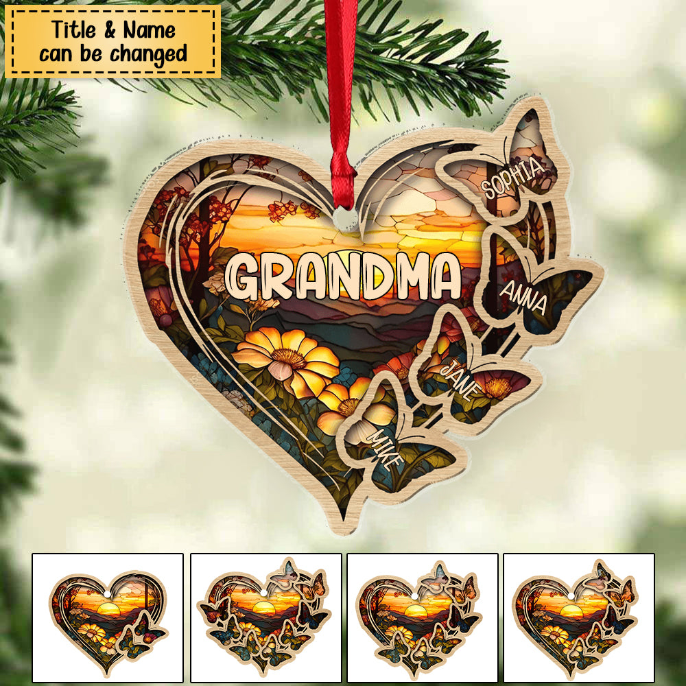 Personalized Christmas Mom Grandma Butterfly Heart Stained Glass Pattern Acrylic Ornament
