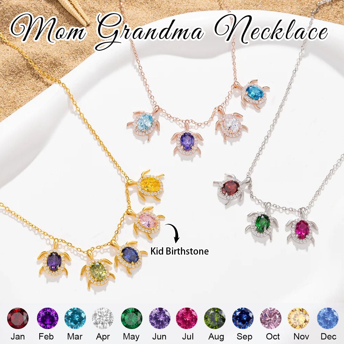 Personalized Sea Turtle Birthstones Necklace - Gift For Mom,Grandma