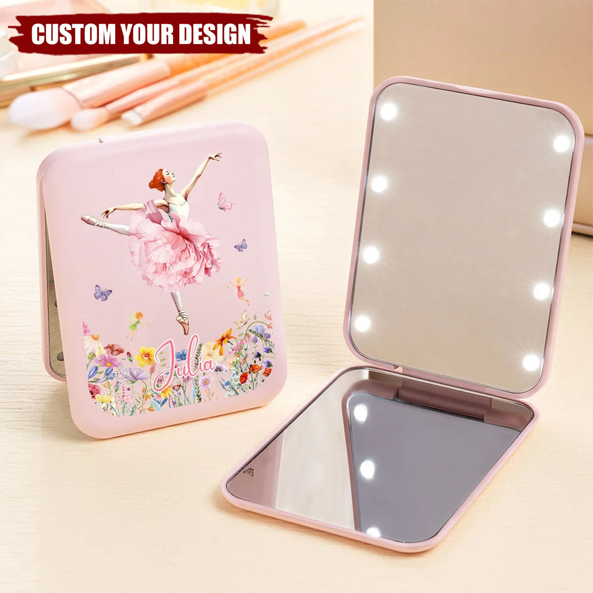 Personalized Ballet Girl Birth Flower LED Double-Sided Compact Makeup Mirror Gift for Ballerina