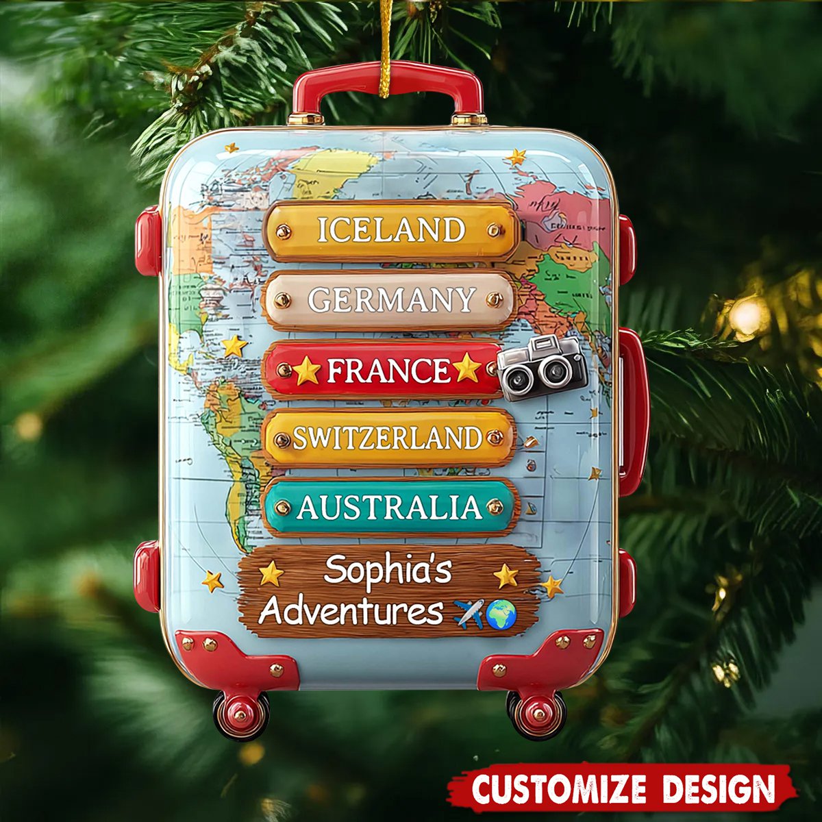 Personalized Travel Suitcase Christmas Ornament - Gift for Traveler and Explorer