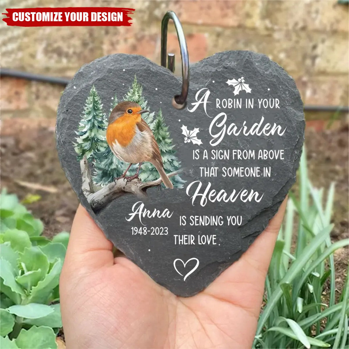 A Robin In Your Garden Is A Sign From Above - Personalized Garden Slate With Hook, Memorial Gift, Sympathy Gift