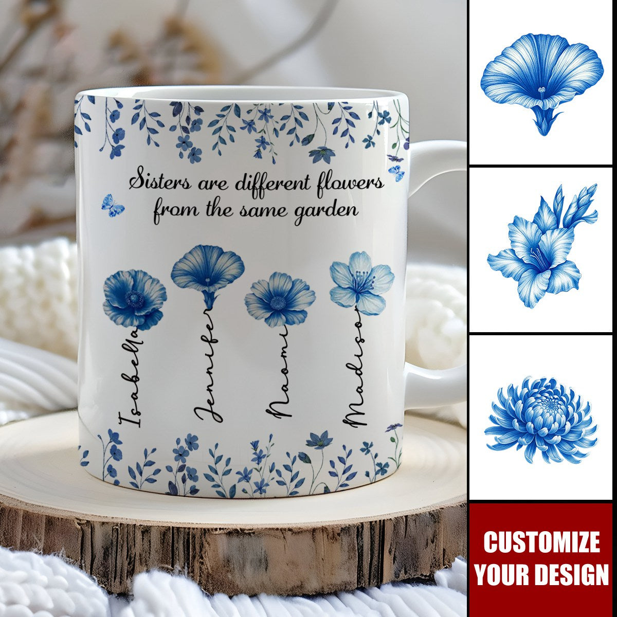 Sisters Are Different Flowers Toile De Jouy Style - Personalized Custom Coffee Mug