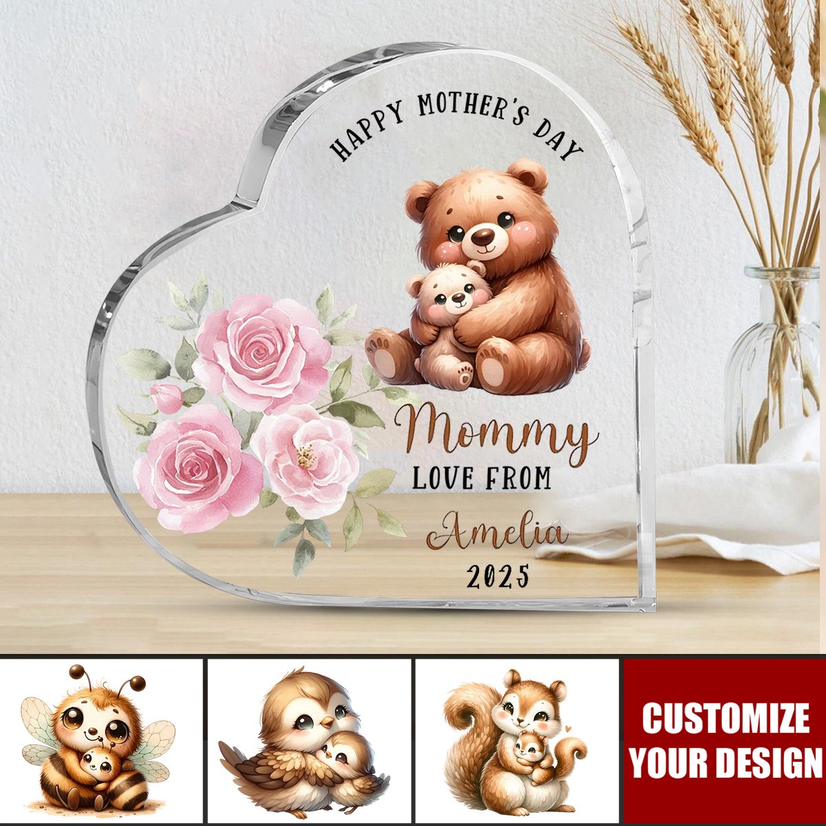 Personalized Happy 1st Mother's Day Cute Animal Heart-shape Acrylic Plaque with Name Desk Decor Mother's Day Birthday Gift for Mom