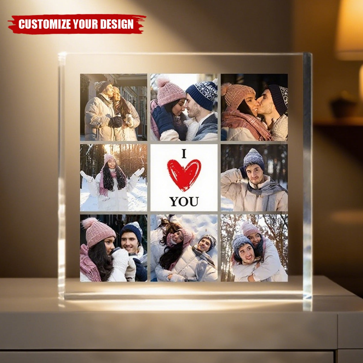 Personalised Heart I Love You 8 Photos Collage Square Acrylic Plaque Desk Decor Valentine's Day Anniversary Gift for Couple