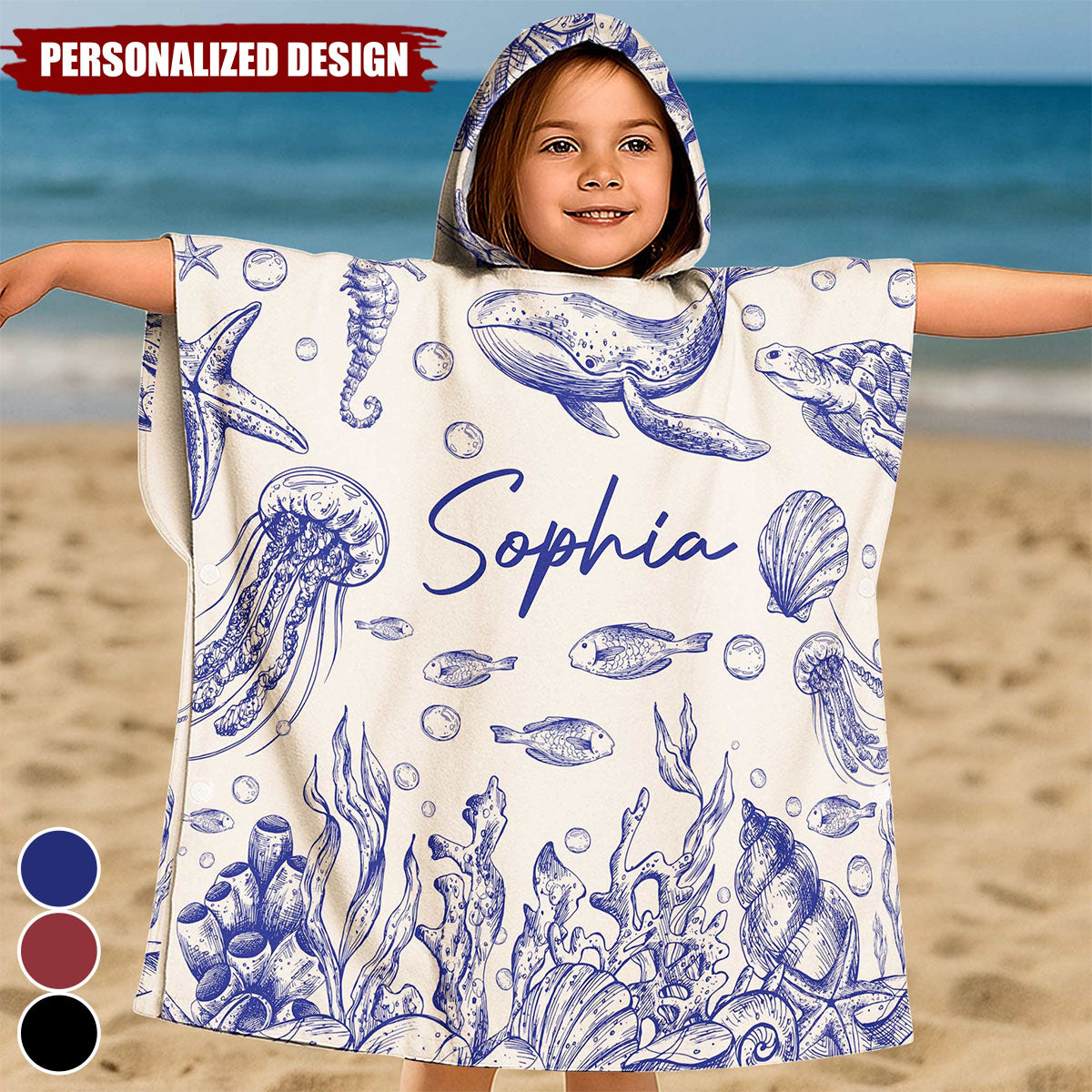 Under The Sea Toile De Jouy-Personalized Kids Hooded Towel