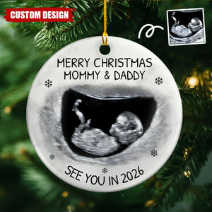 Custom Photo Baby Expecting See You In 2026 - Personalized Circle Ceramic Ornament