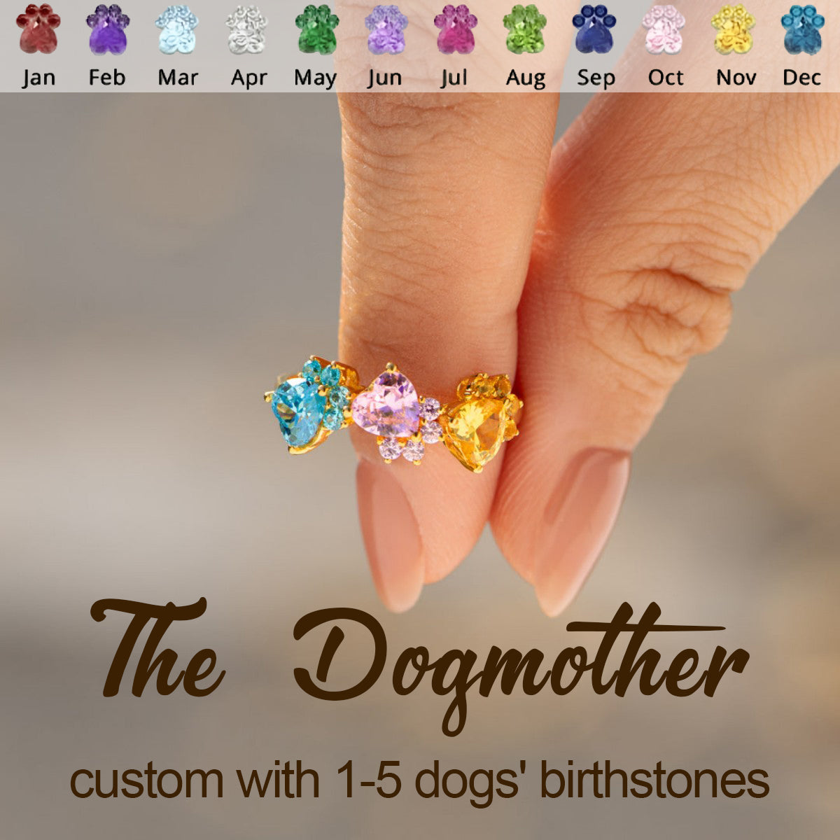 The Dogmother Dog Paws 1-5 Birthstones Ring