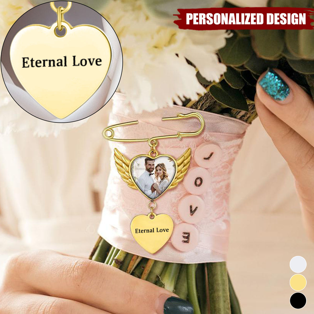 Personalized Angel Wing Wedding Bouquet Heart Picture Charms Brooch Pins