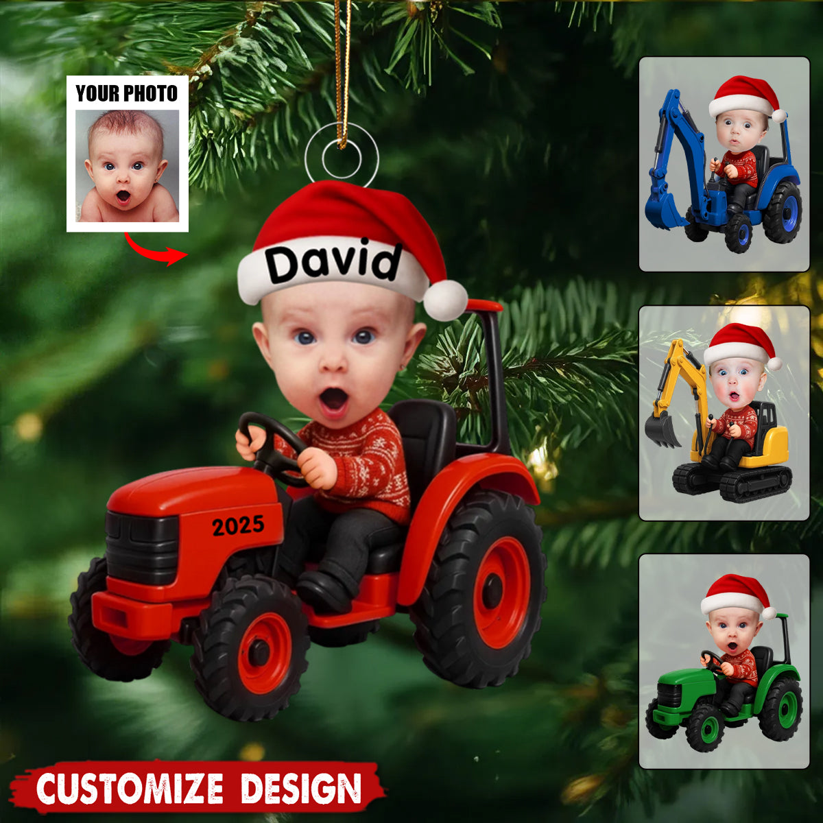 Kid With Construction Vehicle Excavator Backhoe Tractor - Personalized Photo Acrylic Ornament
