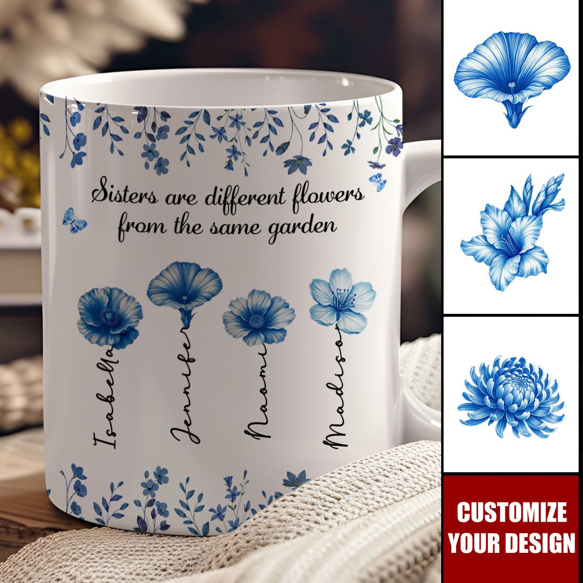 Sisters Are Different Flowers Toile De Jouy Style - Personalized Custom Coffee Mug