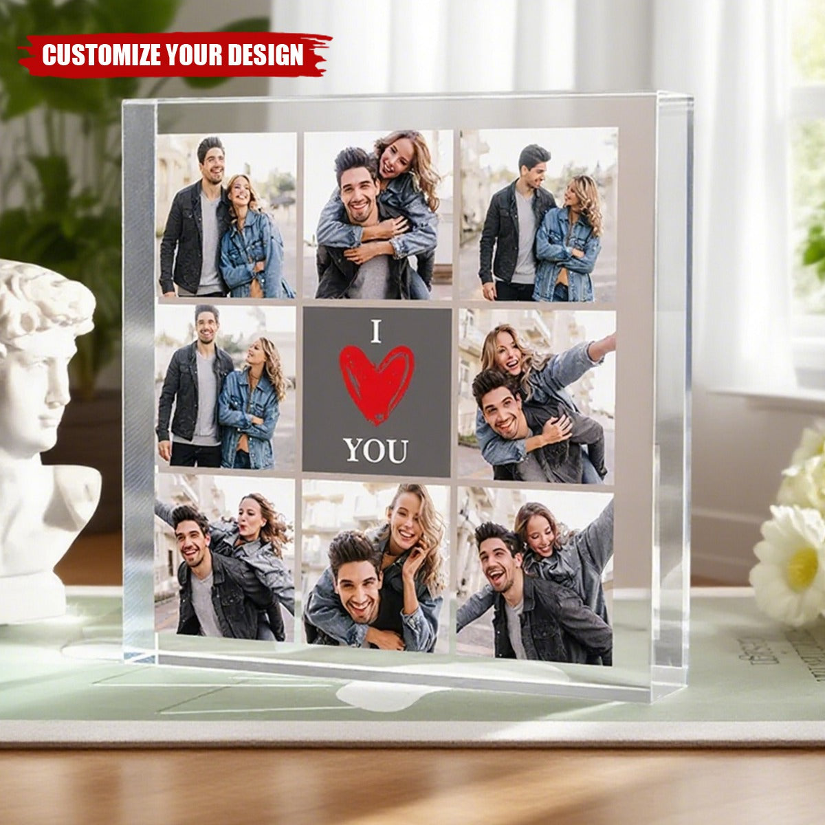 Personalised Heart I Love You 8 Photos Collage Square Acrylic Plaque Desk Decor Valentine's Day Anniversary Gift for Couple