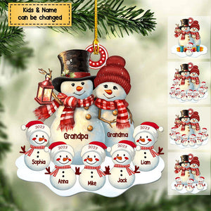 Couple Snowman Christmas Grandma Grandpa With Grandkids Personalized Acrylic Ornament