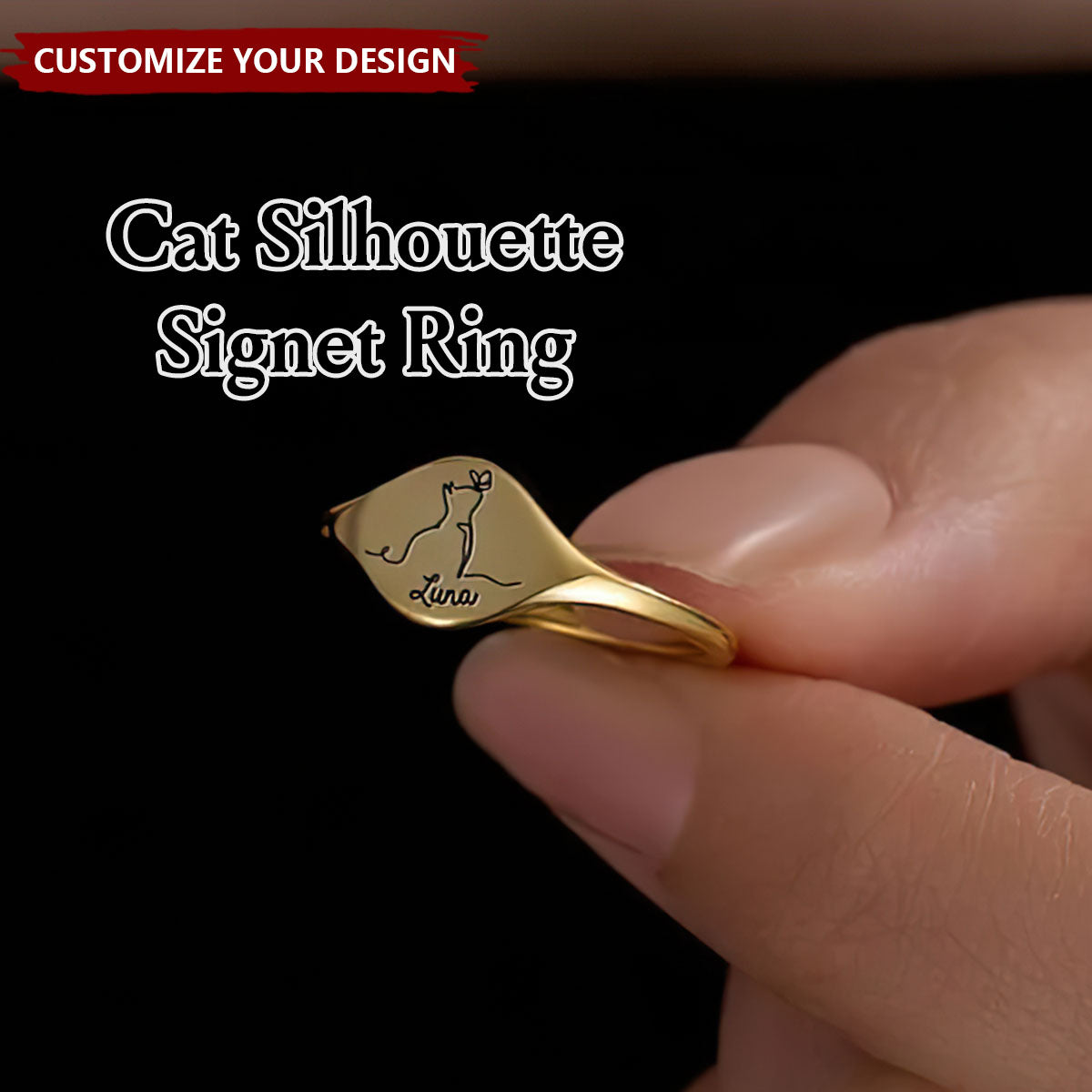 Personalized Cute Engraved Cat Silhouette Ring with Name Dainty Jewelry Anniversary Birthday Memorial Gift for Cat Lover