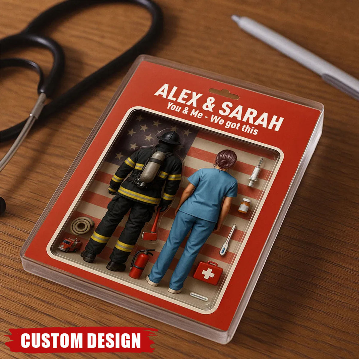 You & Me We Got This - Firefighter & Nurse Couple Toy Box Figures Style Personalized Acrylic Plaque