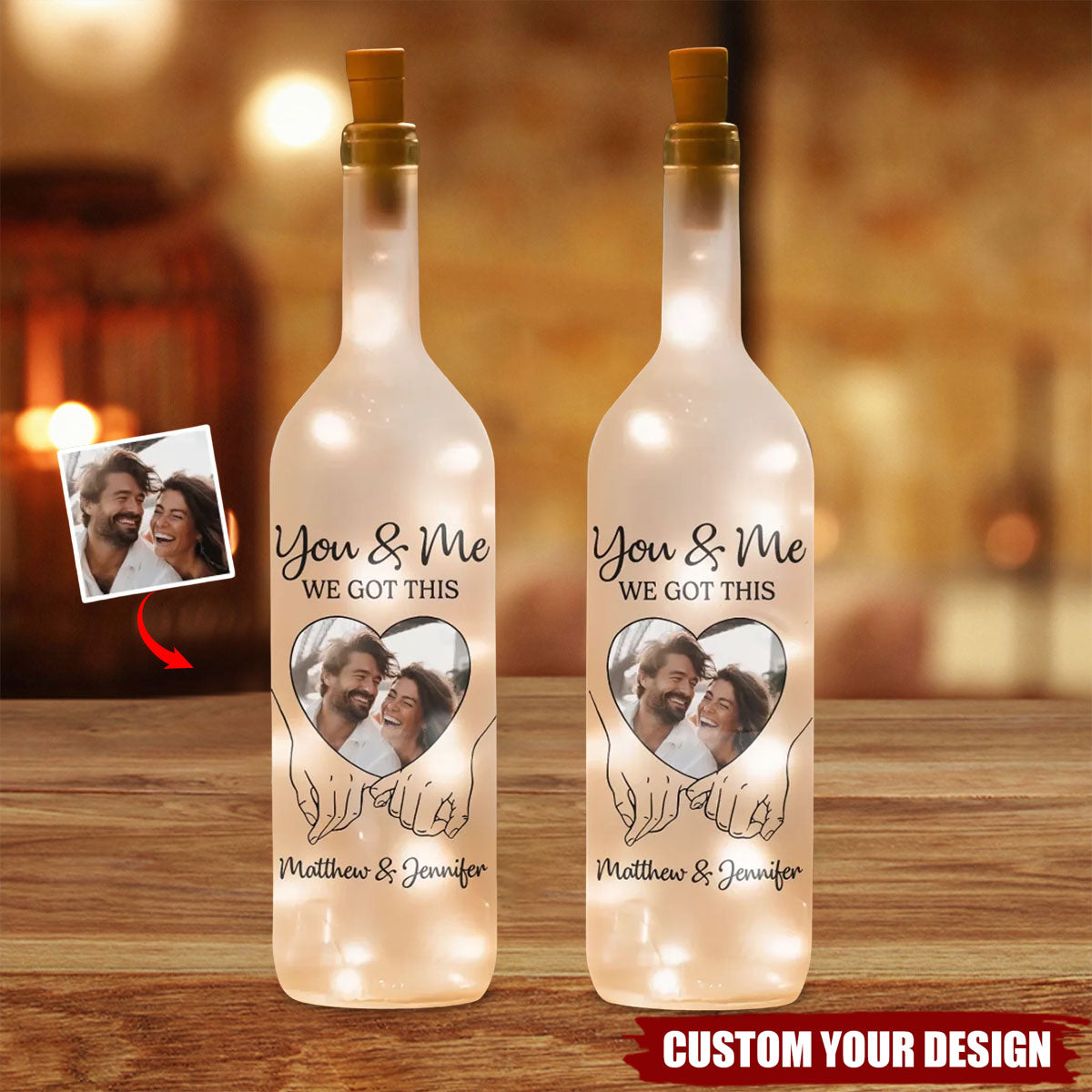 Custom Photo Hand In Hand, We Conquer All - Couple Personalized Custom Bottle Lamp - Gift For Husband Wife, Anniversary
