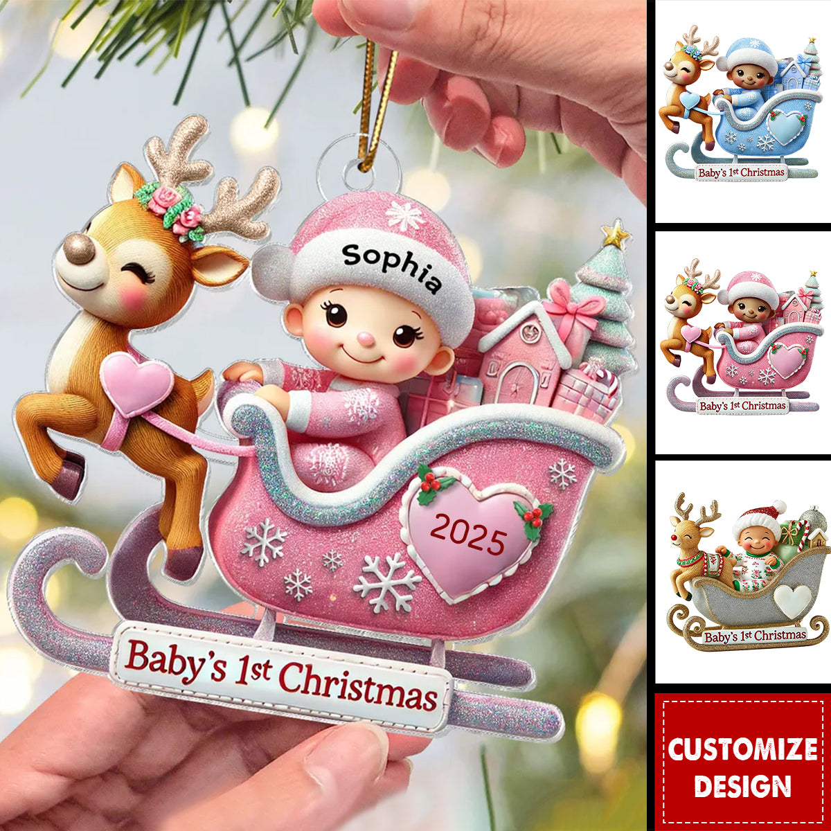 Baby First Christmas Newborn On Sleigh Keepsake Personalized Acrylic Ornament