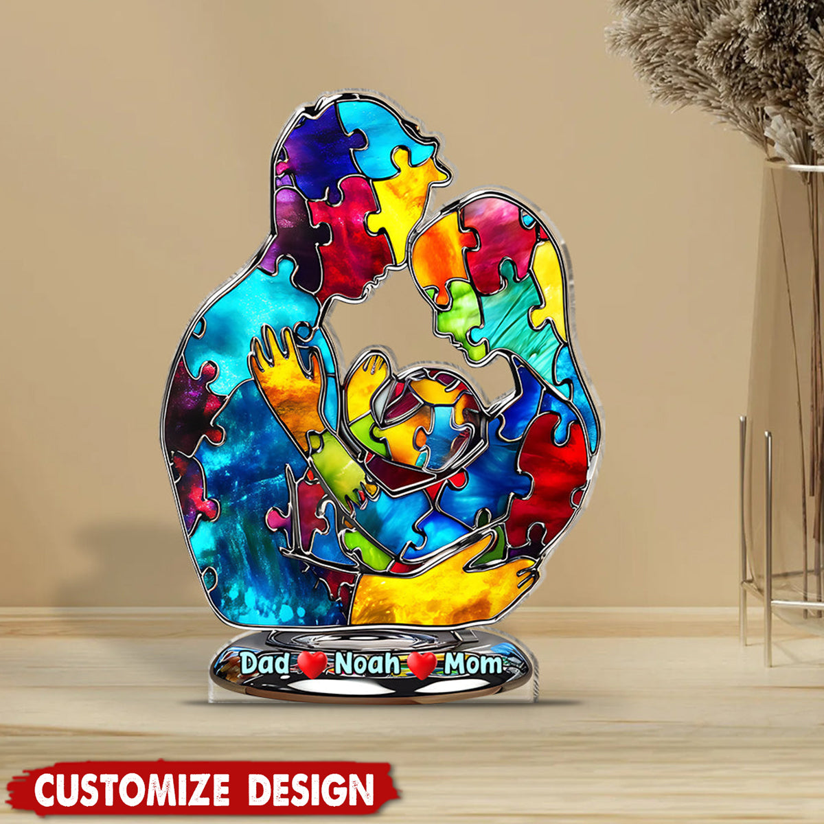 Autism Family Hugging - Personalized Autism Awareness Shaped Acrylic Plaque