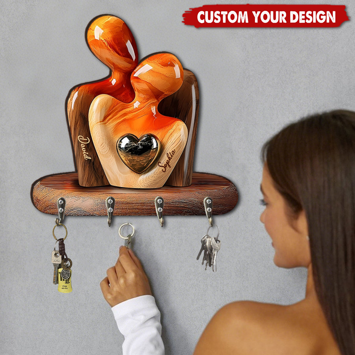 Elegant Couple Statue with Heart Inlay - Personalized Shaped Key Rack