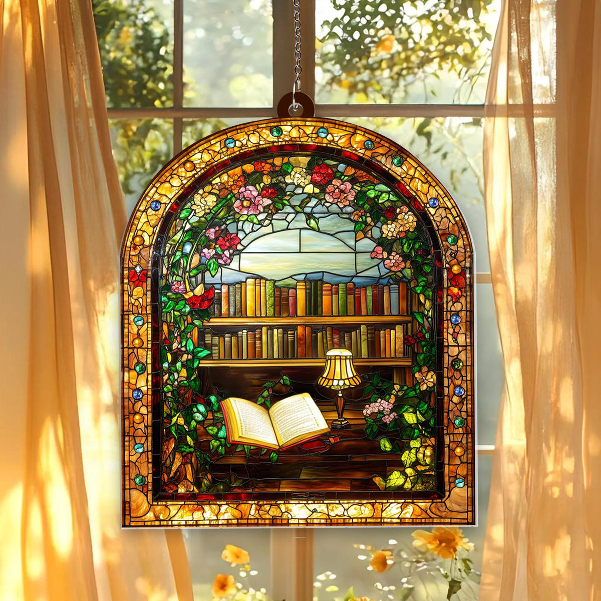 Library Bookshelf Window Hanging - Gift for Book Lover