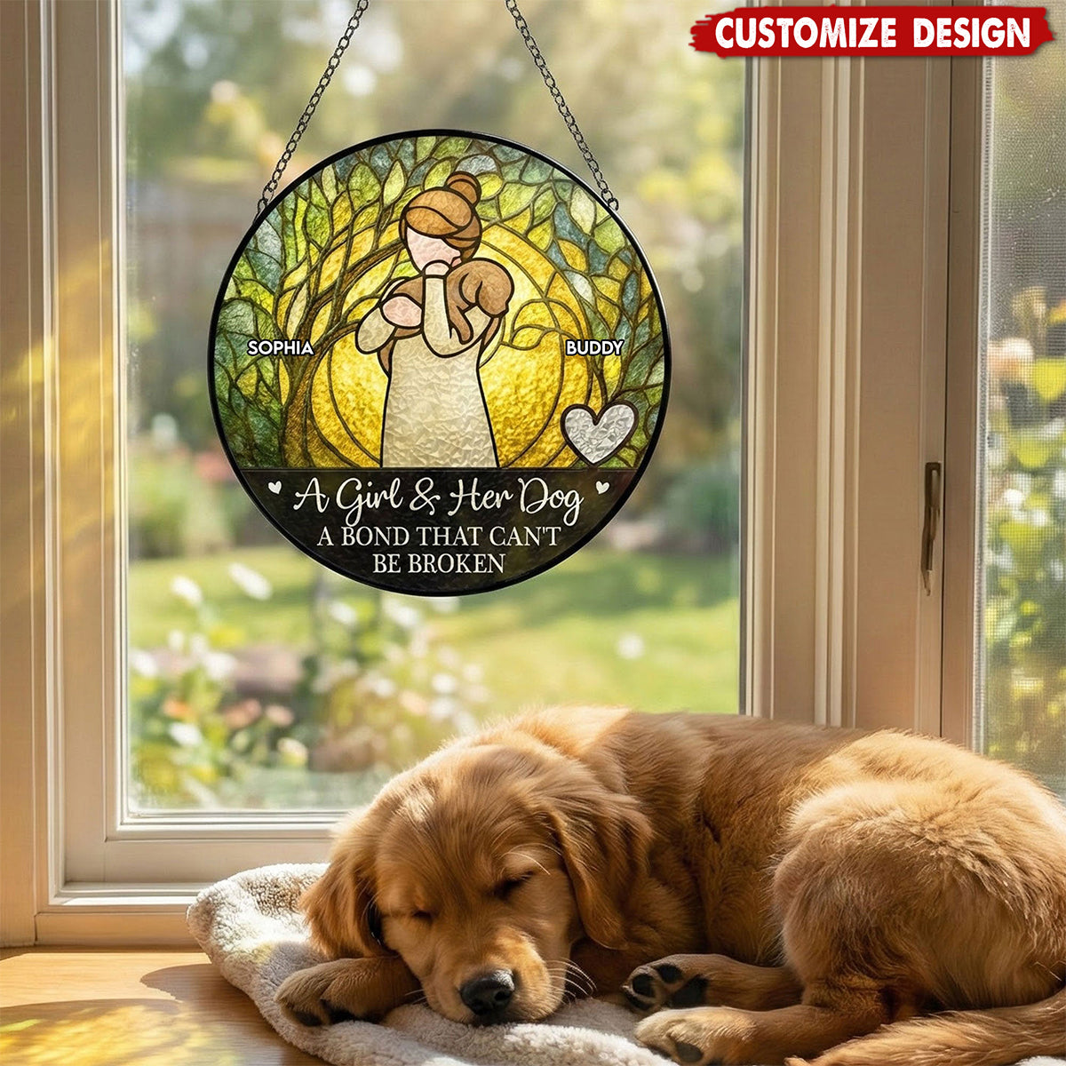 Girl & Dog A Bond Can't Be Broken - Personalized Stained Glass Window Hanging Suncatcher