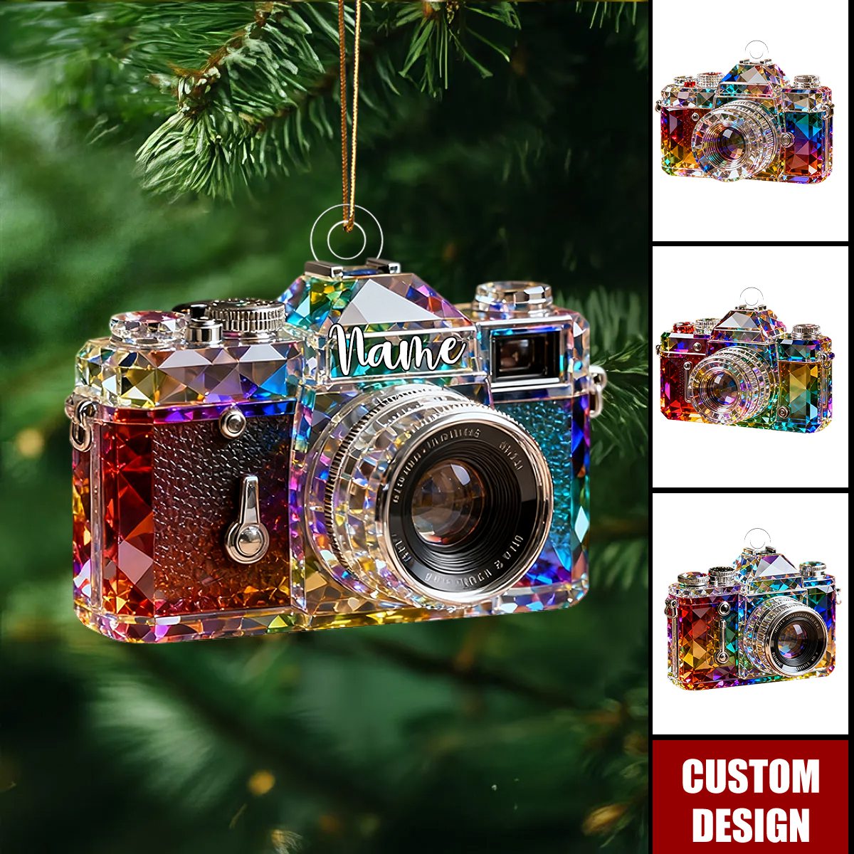 Personalized camera-themed colorful crystal ornaments