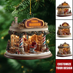 Personalized Barber Shop Christmas Ornament, Red Chair & Barber Poles