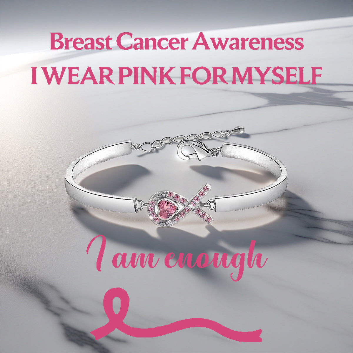 Breast Cancer Awareness Pink Heart Ribbon Bracelet