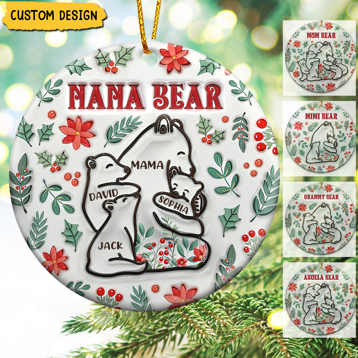 2024 New Release - Christmas Mama Bear - 3D Inflated Effect Printed Ornament, Personalized Circle Ceramic Ornament