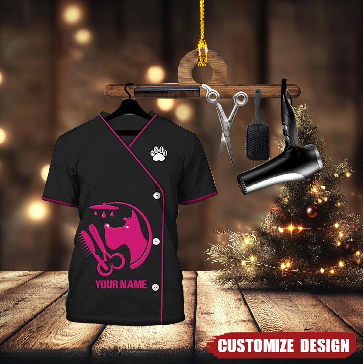 2024 New Release Personalized Pet Groomer Uniform Pink Christmas Ornament-Gifts For Pet Groomer