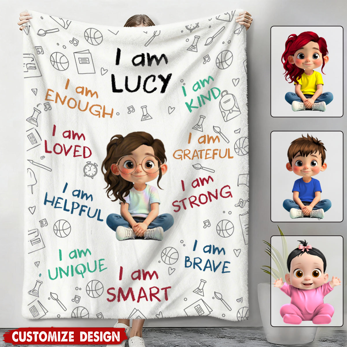 I Am Enough, Loved, Helpful, Unique, Smart - Personalized Blanket - Gifts for Kids