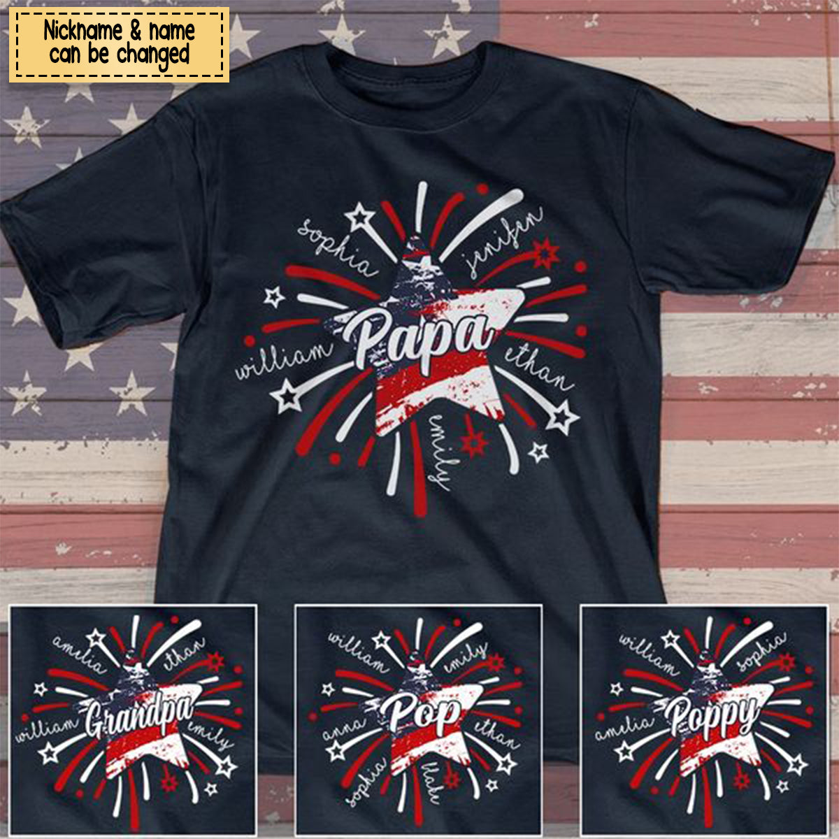 Grandpa And Kids Firework America Flag Personalized T-Shirt