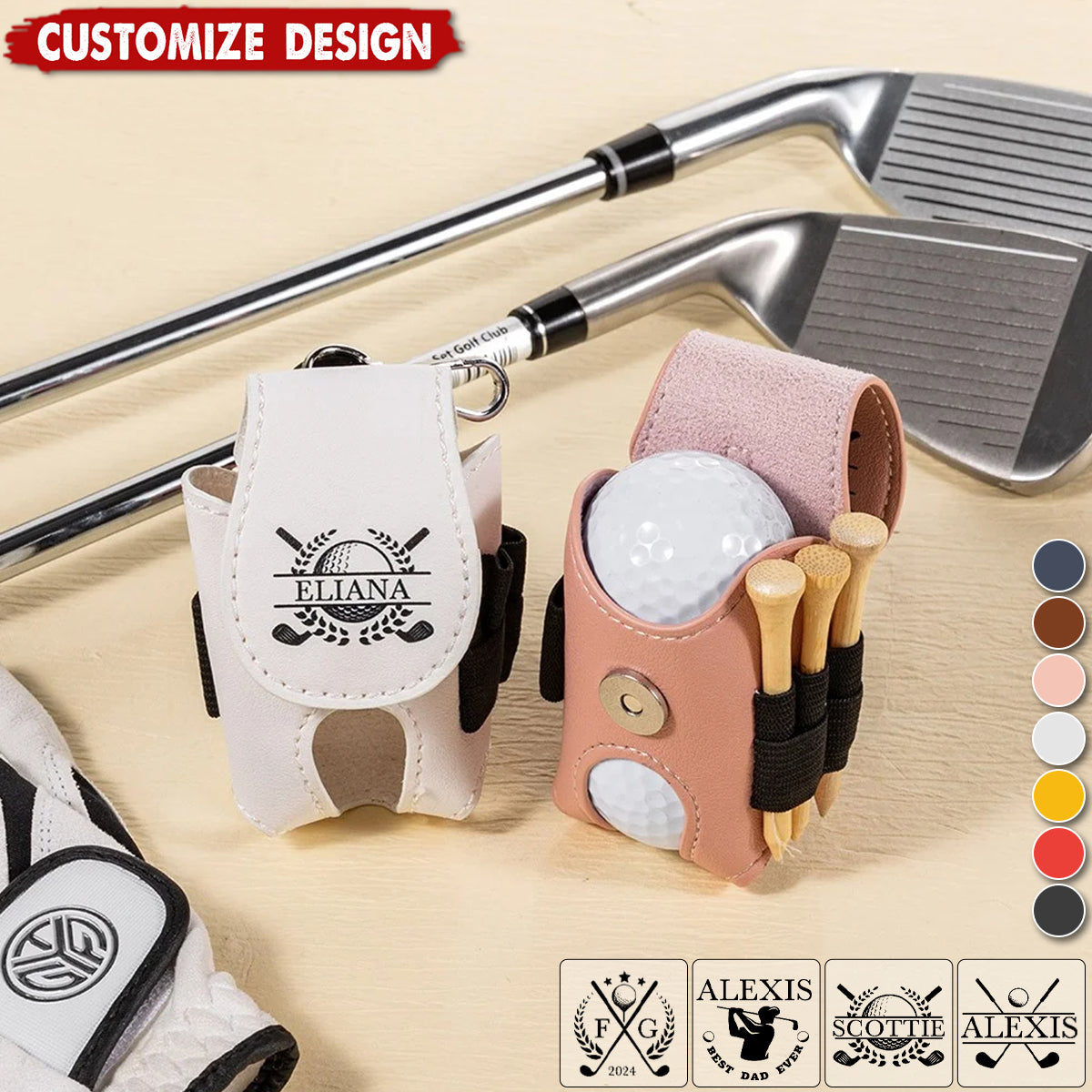 Personalized Multicolor Leather Golf Pattern Design Golf Ball Waist Bag with Name and Belt Clip-Gift for Golf Lovers