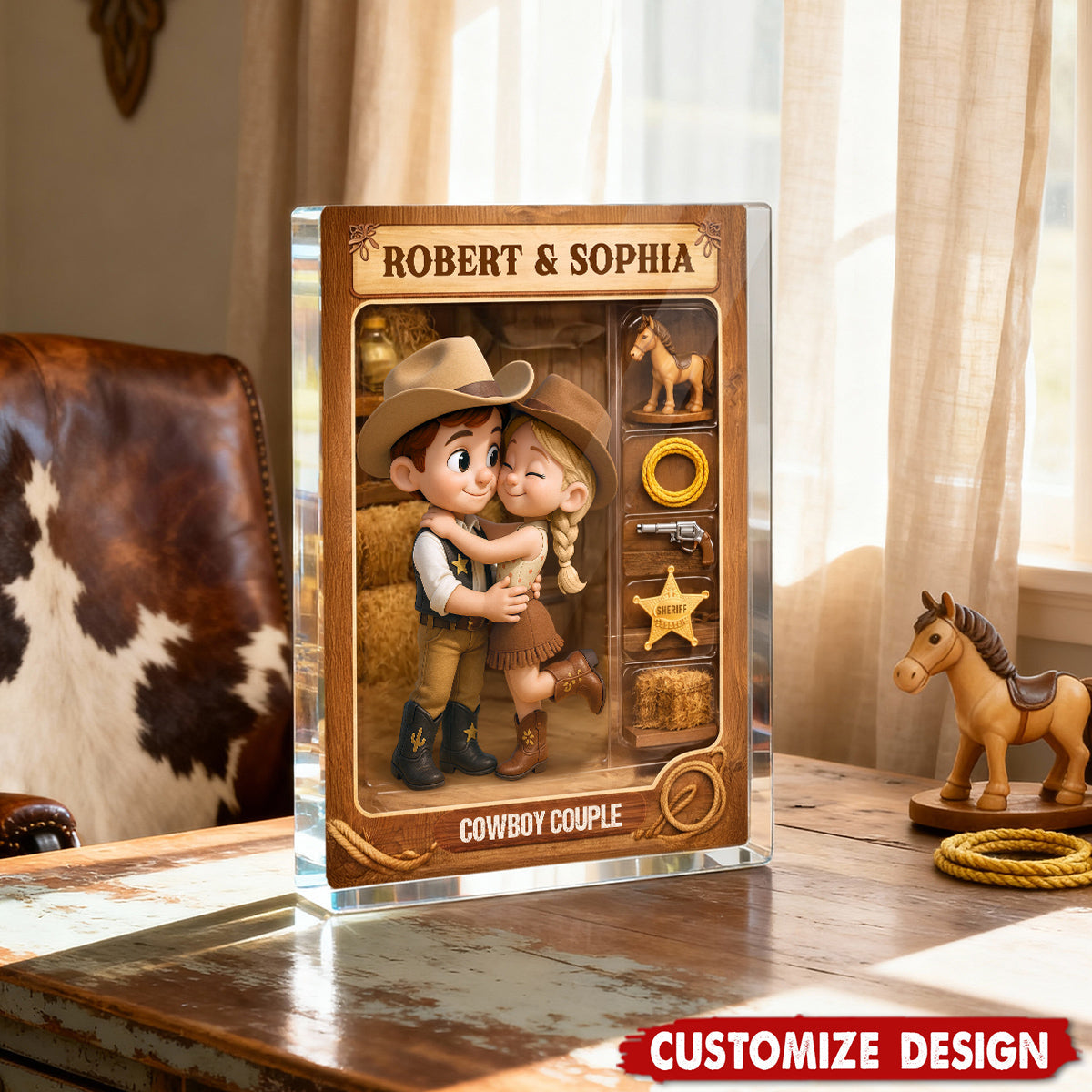 Countryside Couple Cowboy Cowgirl Action Figure - Personalized Acrylic Block Plaque